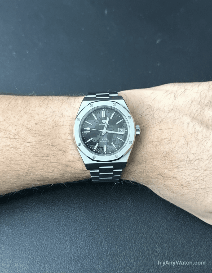 Nivada Grenchen F77 STAINLESS STEEL METEORITE 41mm on 7" wrist