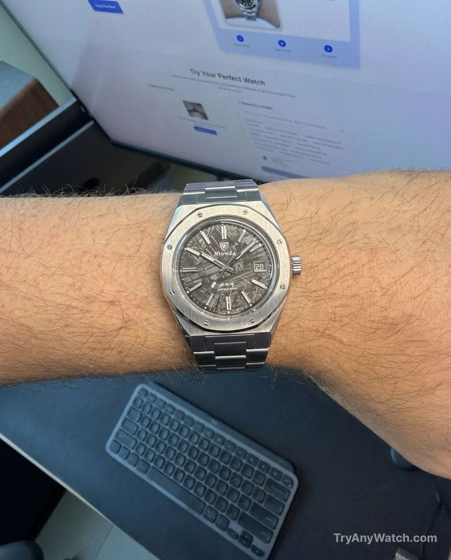 Nivada Grenchen F77 STAINLESS STEEL METEORITE 41mm try-on result