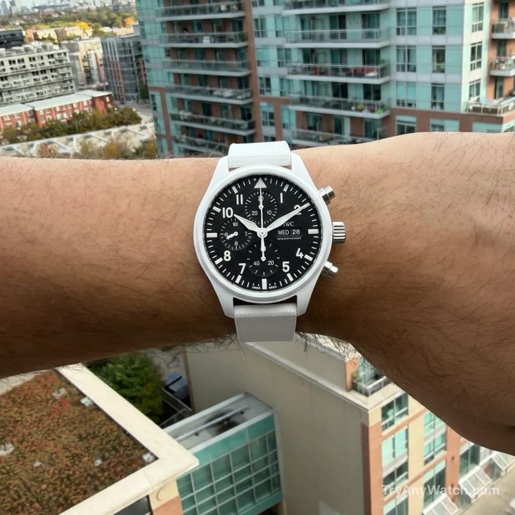 IWC Pilot's Watch Chronograph Top Gun Edition "Lake Tahoe" on a 7 Inch Wrist.