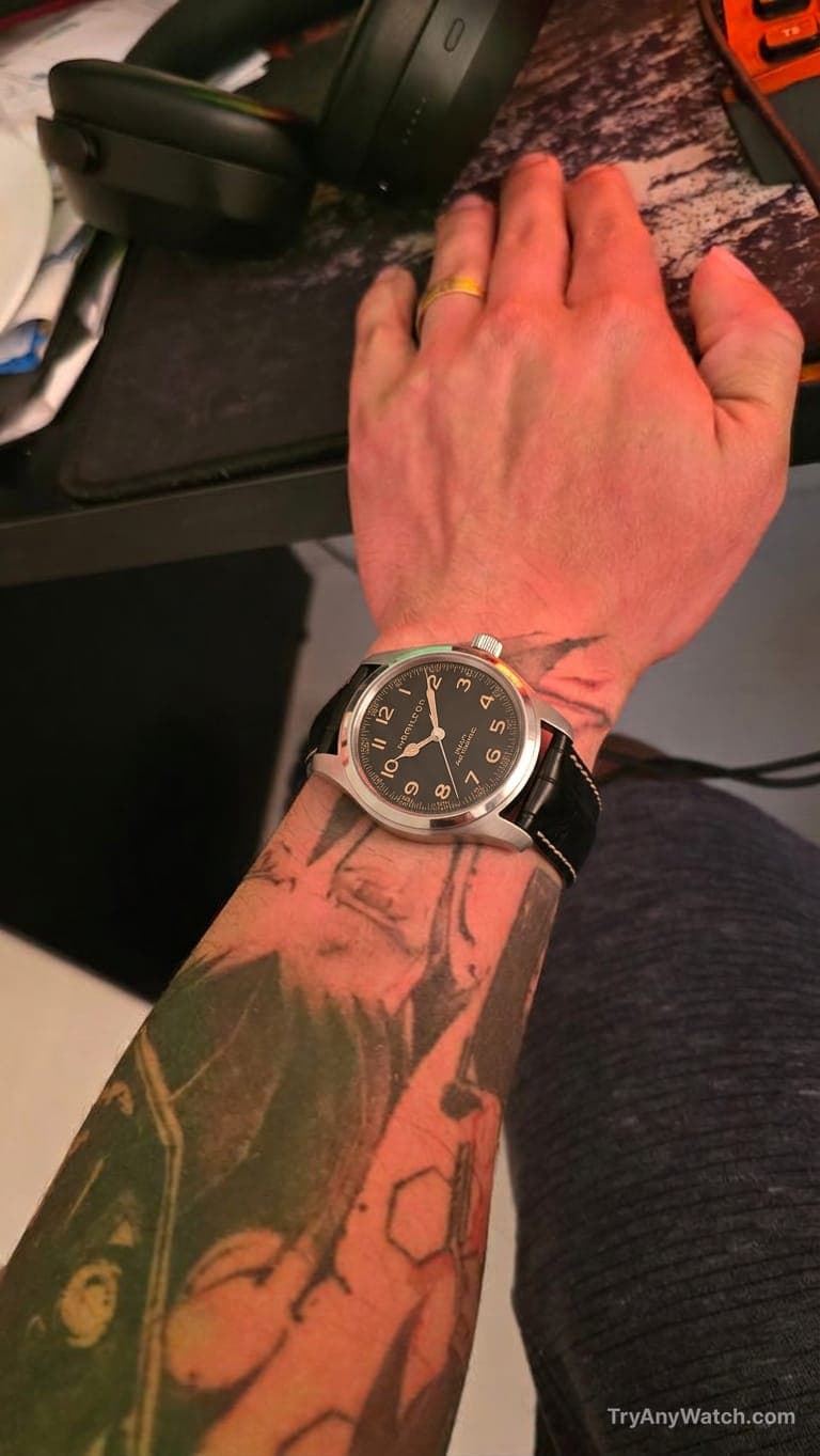 Hamilton Khaki Field Murph Auto on a 17.5 Inch Wrist.