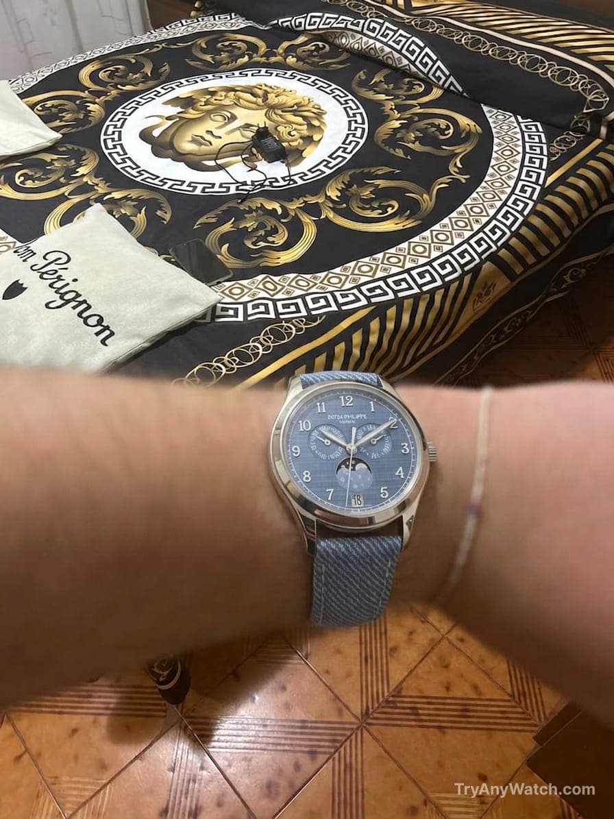 Patek Philippe Complications Annual Calendar Moon Phases try-on.