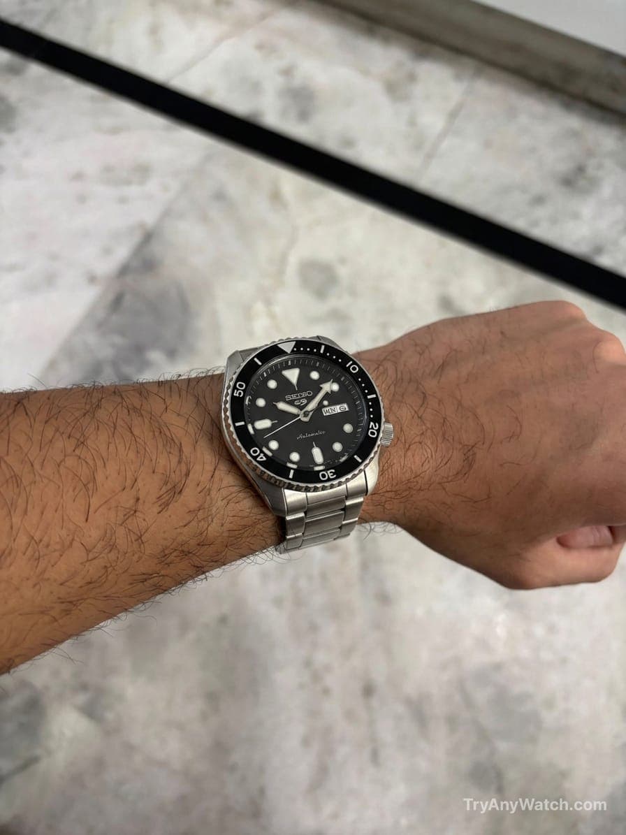 Seiko 5 Sports SKX-Style (Black) ( 42.5mm ) on a 18 Inch Wrist.